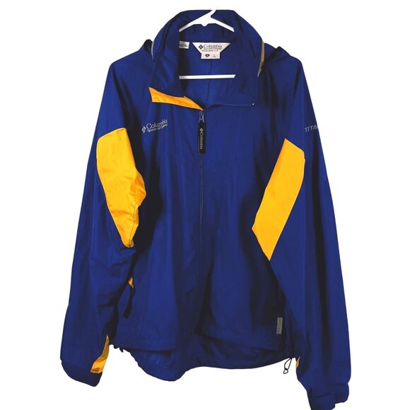 Columbia Titanium Jacket Mens M Blue Yellow Hooded Windbreaker Rain Gorpcore 90s - Picture 1 of 13